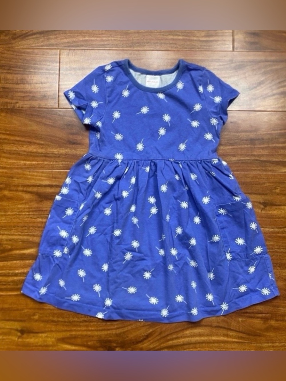 Hanna Andersson Girls Blue White Floral Short Sleeve Pocket Dress Size 5 Casual